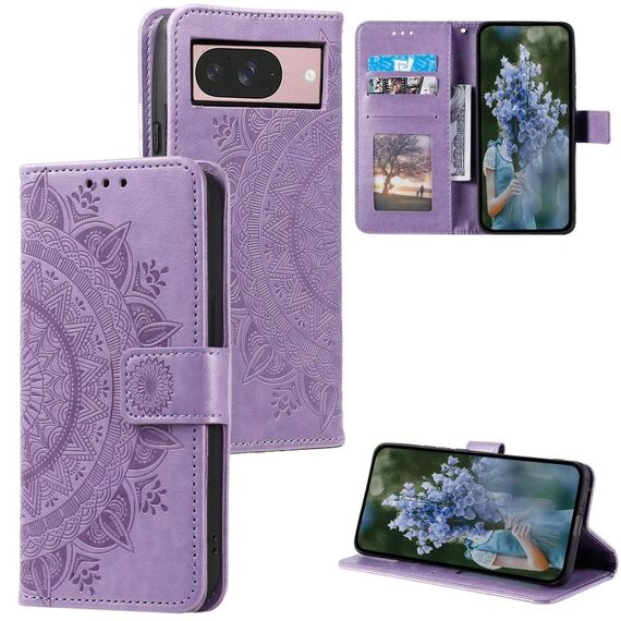 Per Google Pixel 10/10 Pro Custodia per telefono in pelle goffrata con motivo a fiori Totem con cordino (viola)