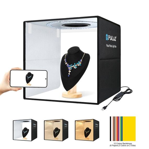 PULUZ 40cm pieghevole portatile anello luminoso USB illuminazione fotografica studio shooting tenda box con 6 x fondali colorati bifacciali, dimensioni: 40cm x 40cm x 40cm (nero)