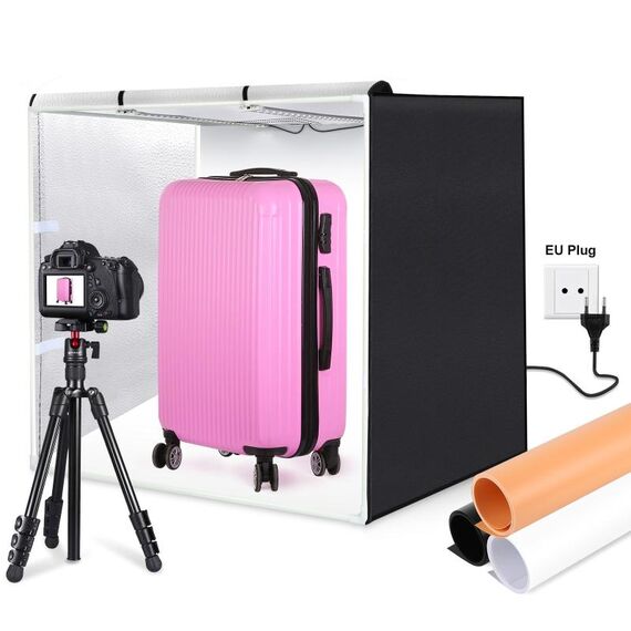 PULUZ 80cm pieghevole portatile 80W 9050LM luce bianca studio fotografico illuminazione tenda kit box con 3 colori (nero, bianco, arancione) fondali (spina UE)