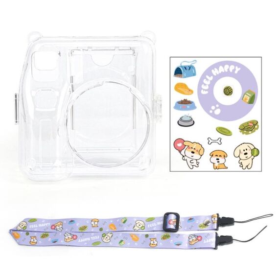 Per Fuji instax mini SE Borsa fotografica Custodia in cristallo Tracolla Corda Adesivo Set (Purple Pet Dog)