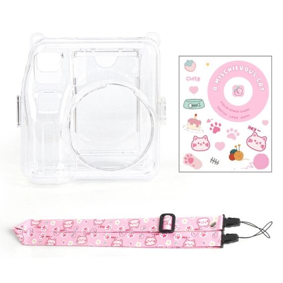 Per Fuji instax mini SE Borsa fotografica Custodia in cristallo Tracolla Corda Adesivo Set (gatto rosa)