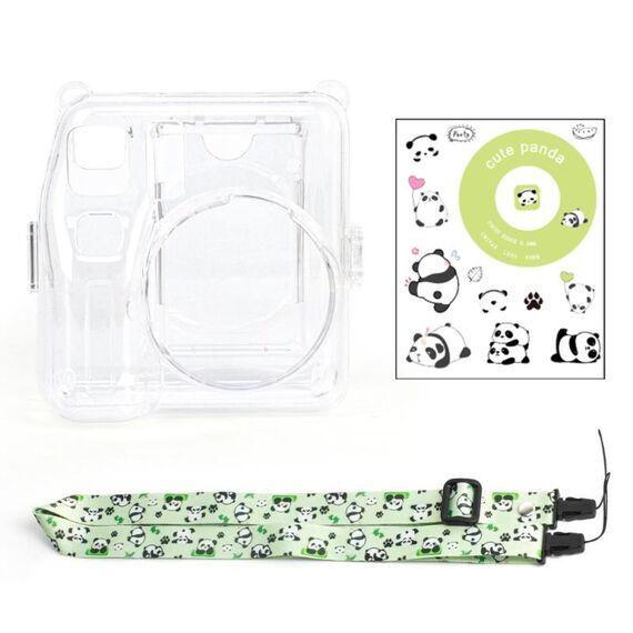 Per Fuji instax mini SE Borsa fotografica Custodia in cristallo Tracolla Corda Adesivo Set (Panda verde)