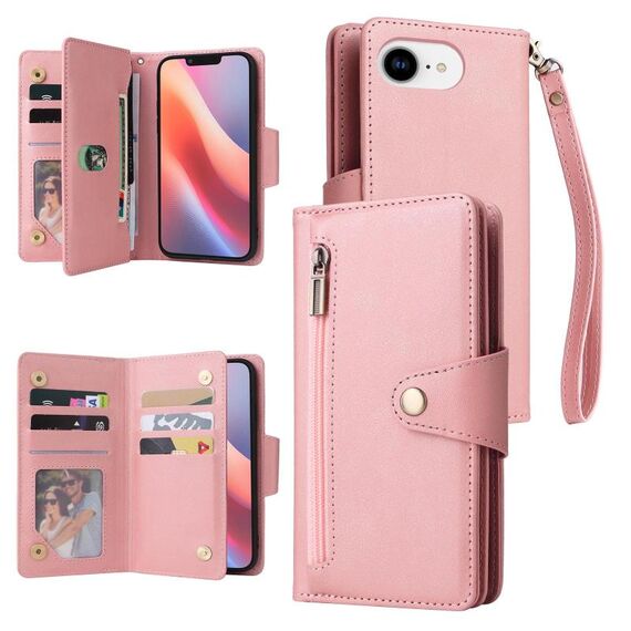 Per iPhone 16e Rivet Buckle 9 Carte Custodia per telefono in pelle a tre pieghe (oro rosa)