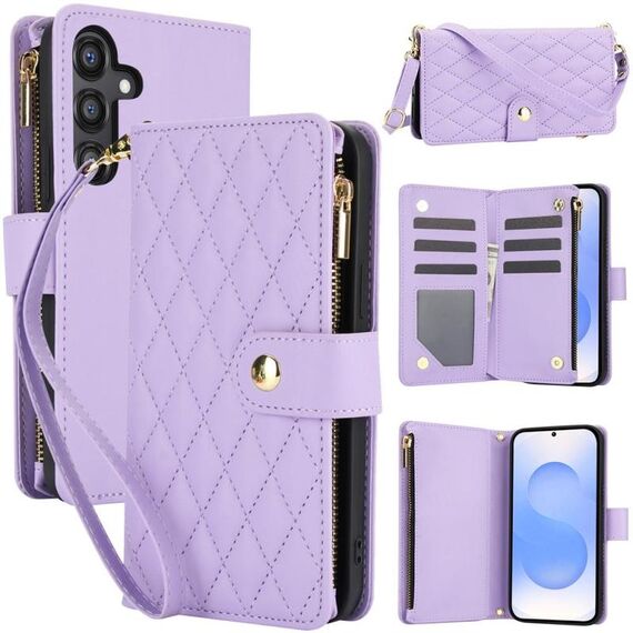 Per Samsung Galaxy S25+ / S24+ 5G YM016 Custodia per telefono in pelle con cerniera rombica e cordino (viola chiaro)