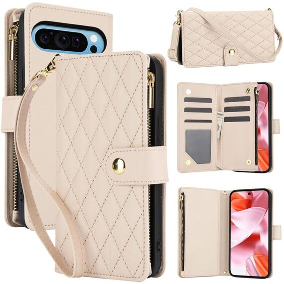 Per Google Pixel 9 Pro XL YM016 Custodia per telefono in pelle con cerniera rombica e cordino (albicocca)