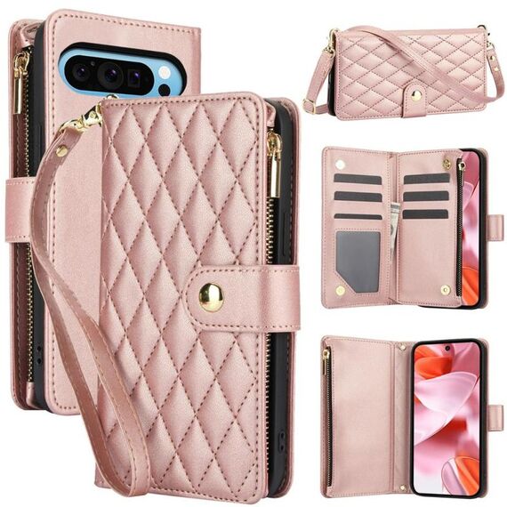 Per Google Pixel 9 Pro XL YM016 Custodia per telefono in pelle con cerniera rombica e cordino (oro rosa)