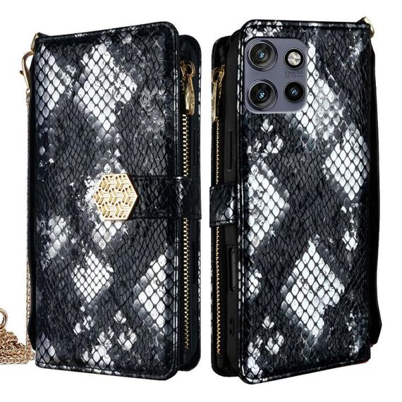 Per Motorola Edge 50 Neo Crossbody Handle Custodia per telefono in pelle con trama a serpente (nero)