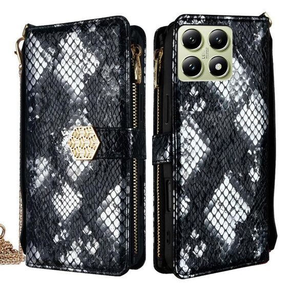 Per Xiaomi 14T 5G Custodia a tracolla in pelle con texture serpente (nero)