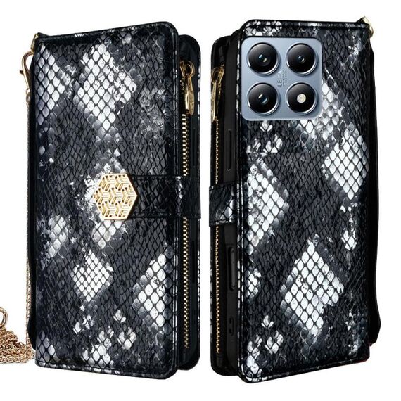 Per Xiaomi 14T Pro 5G Custodia a tracolla in pelle con texture serpente (nero)