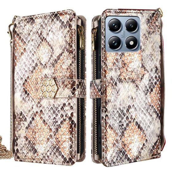 Per Xiaomi 14T Pro 5G Custodia a tracolla in pelle con texture serpente (bianca)