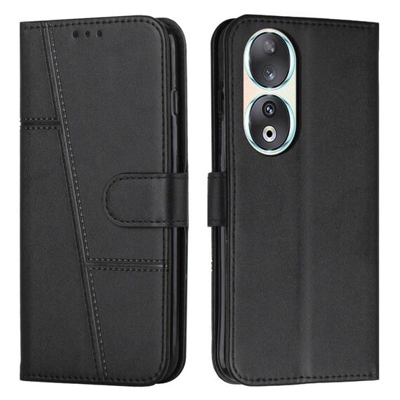 Custodia per telefono in pelle con fibbia e cuciture in vitello per Honor 90 (nero)