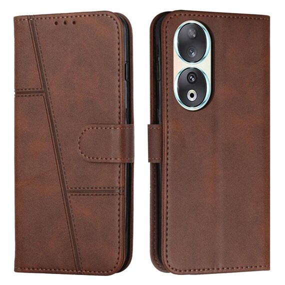 Custodia per telefono in pelle con fibbia e texture in vitello con cuciture per Honor 90 (marrone)