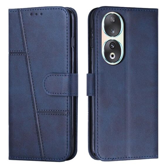 Custodia per telefono in pelle con fibbia in vitello con cuciture per Honor 90 (blu)