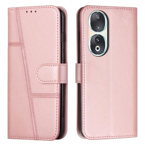 Custodia per telefono in pelle con fibbia e texture in vitello con cuciture per Honor 90 (oro rosa)