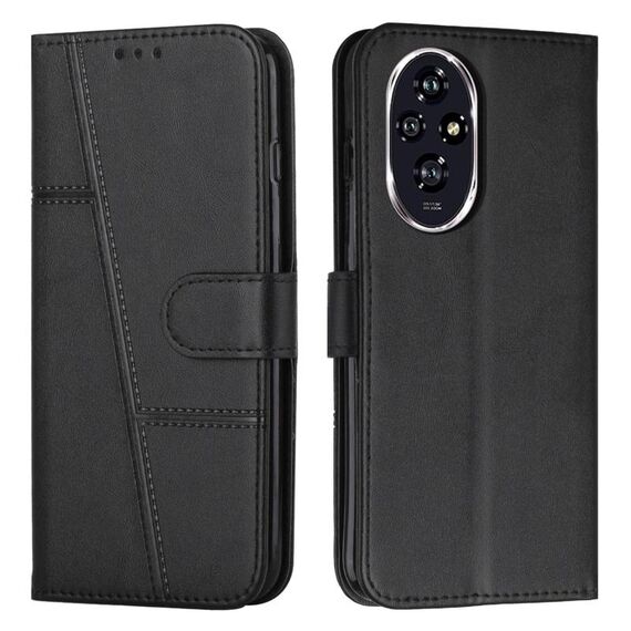 Custodia per telefono in pelle con fibbia e cuciture in vitello per Honor 200 Pro (nero)