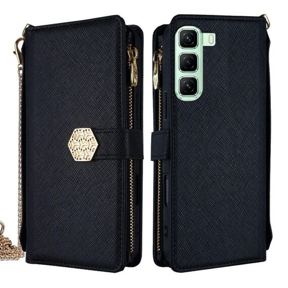 Per Infinix Hot 50 5G Custodia a tracolla in pelle con texture incrociata (nera)