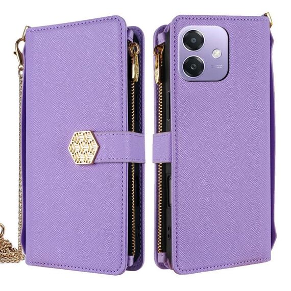 Per OPPO A3x 5G India Custodia a tracolla in pelle con texture a croce (viola)