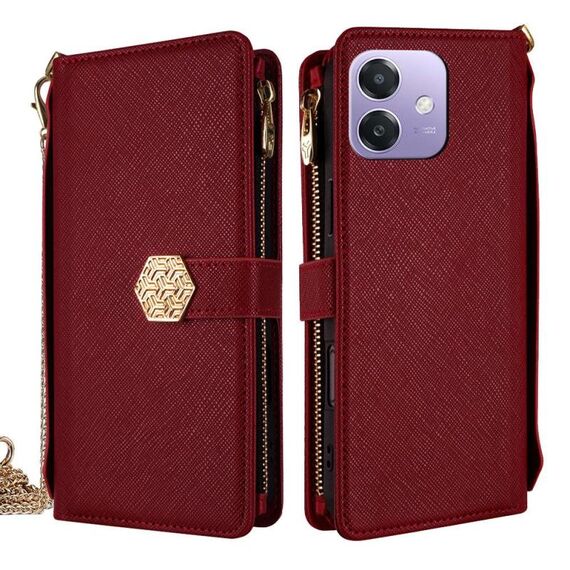 Per OPPO A3x 5G India Custodia a tracolla in pelle con texture a croce (rosso)