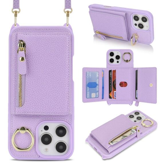Per iPhone 7/8/SE 2022 Portafoglio con cerniera a tracolla e anello in pelle Litchi (viola)