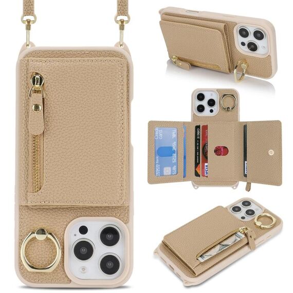 Per iPhone XR Portafoglio con cerniera a tracolla e anello Custodia per telefono in pelle Litchi (oro rosa)