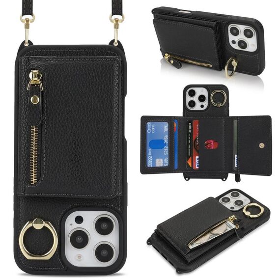 Per iPhone XS Max Portafoglio con cerniera a tracolla Anello Custodia per telefono in pelle Litchi (nero)