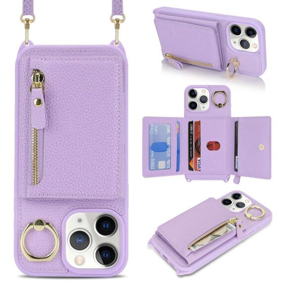 Per iPhone 11 Pro Max Portafoglio con cerniera a tracolla e anello, custodia per telefono in pelle Litchi (viola)