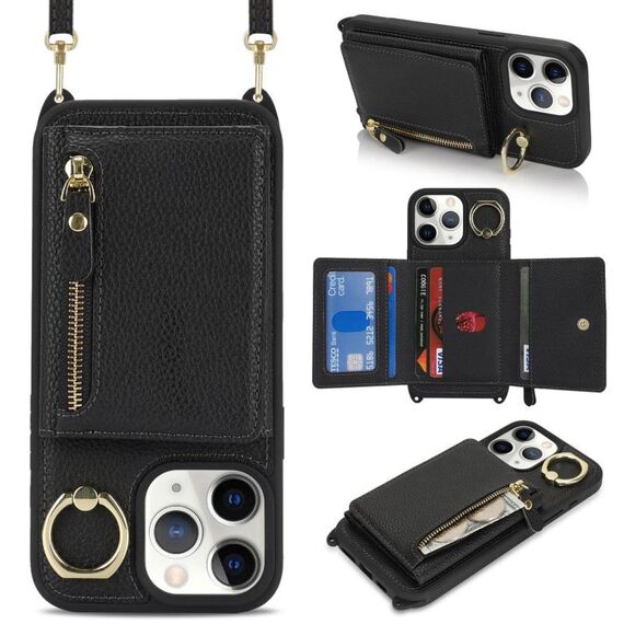 Per iPhone 11 Pro Max Portafoglio a tracolla con cerniera e anello in pelle Litchi (nero)