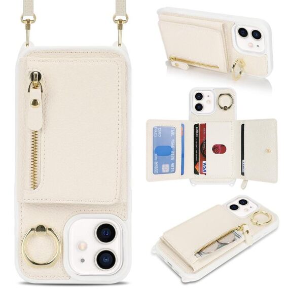 Per iPhone 12 mini Portafoglio con cerniera a tracolla e anello Custodia per telefono in pelle Litchi (albicocca)