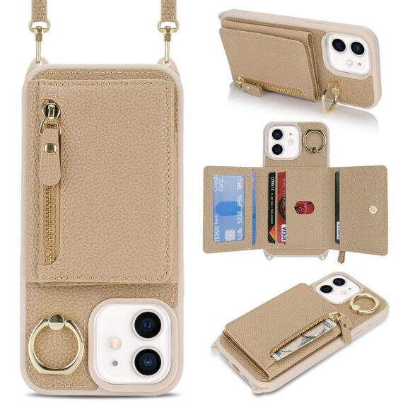 Per iPhone 12 mini Portafoglio con cerniera a tracolla e anello in pelle Litchi (oro rosa)