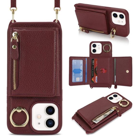 Per iPhone 12 mini Portafoglio con cerniera a tracolla Anello Portacellulare in pelle Litchi (Vino rosso)