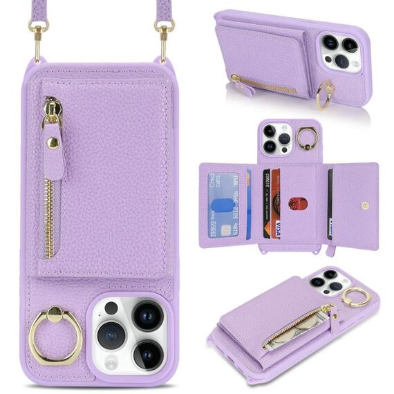 Per iPhone 13 Pro Portafoglio con cerniera a tracolla e anello, custodia per telefono in pelle Litchi (viola)
