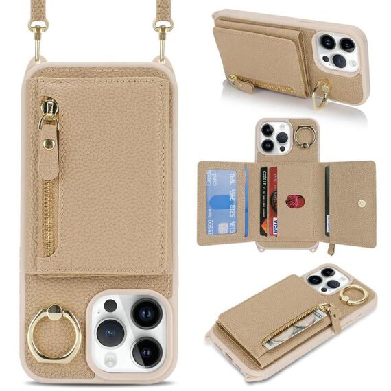Per iPhone 14 Pro Portafoglio con cerniera a tracolla e anello in pelle Litchi (oro rosa)