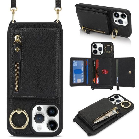 Per iPhone 14 Pro Portafoglio con cerniera a tracolla Anello Custodia per telefono in pelle Litchi (nero)
