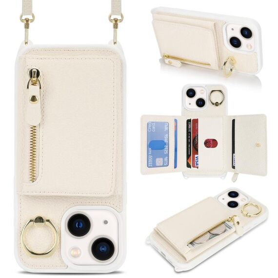 Per iPhone 15 Plus / 14 Plus Portafoglio a tracolla con cerniera e anello Custodia per telefono in pelle Litchi (albicocca)