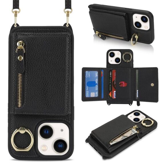 Per iPhone 15 Plus / 14 Plus Portafoglio a tracolla con cerniera Anello Portacellulare in pelle Litchi (Nero)