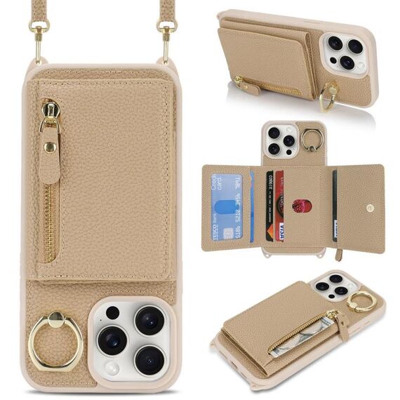 Per iPhone 15 Pro Portafoglio con cerniera a tracolla Anello Portacellulare in pelle Litchi (oro rosa)