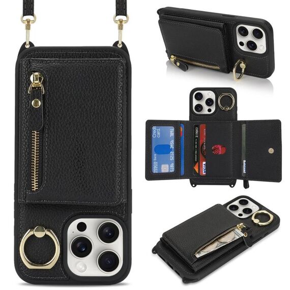 Per iPhone 15 Pro Portafoglio con cerniera a tracolla Anello Custodia per telefono in pelle Litchi (nero)