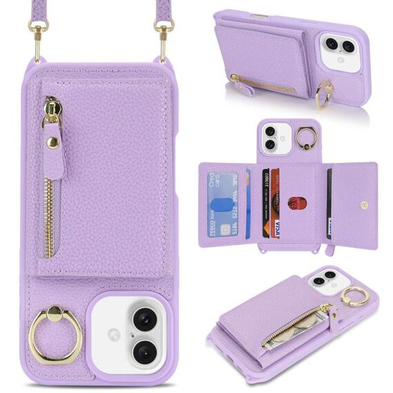 Per iPhone 16 Plus Portafoglio con cerniera a tracolla e anello Custodia per telefono in pelle Litchi (viola)