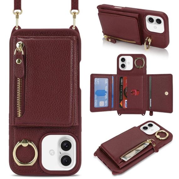 Per iPhone 16 Plus Portafoglio con cerniera a tracolla Anello Portacellulare in pelle Litchi (Vino rosso)