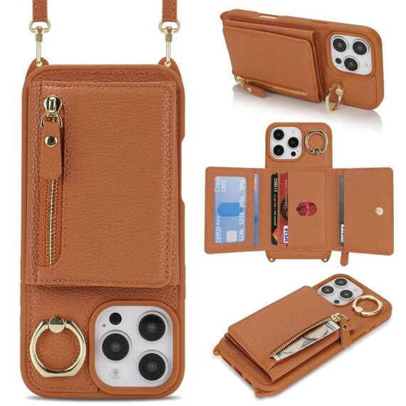 Per iPhone 16 Pro Max Portafoglio con cerniera a tracolla Anello Portacellulare in pelle Litchi (marrone)