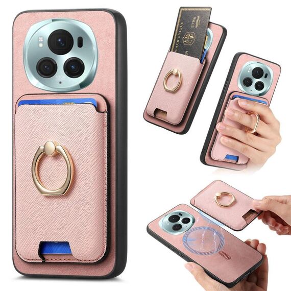 Per Honor Magic6 Pro 5G Retro Cross Leather Ring Vertical Insert Card Bag MagSafe Custodia per telefono (rosa)