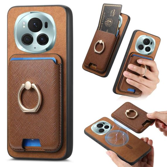Per Honor Magic6 Pro 5G Retro Cross Leather Ring Vertical Insert Card Bag MagSafe Custodia per telefono (marrone)