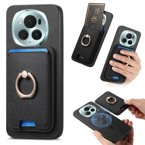 Per Honor Magic6 Pro 5G Retro Cross Leather Ring Vertical Insert Card Bag MagSafe Custodia per telefono (nero)