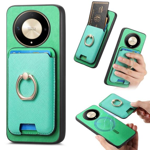 Per Honor X9b / Magic6 Lite Retro Cross Leather Ring Vertical Insert Card Bag MagSafe Custodia per telefono (verde)
