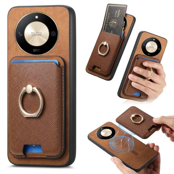 Per Honor X50 Retro Cross Leather Ring Vertical Insert Card Bag MagSafe Custodia per telefono (marrone)