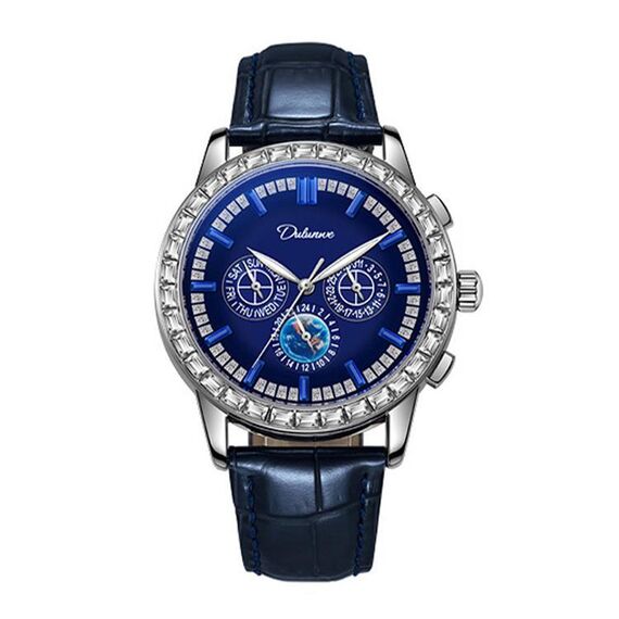 Orologio meccanico automatico Dulunwe impermeabile 30m con zircone luminoso, colore: cinturino in pelle blu 6050