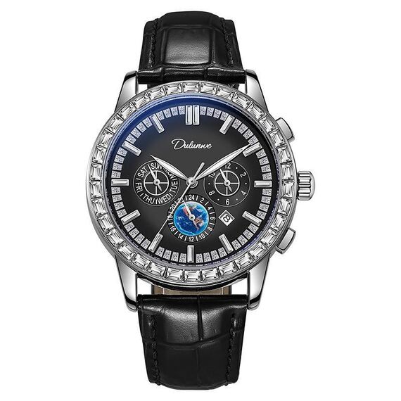 Orologio meccanico automatico Dulunwe impermeabile 30m con zircone luminoso, colore: cinturino in pelle nera 6050A