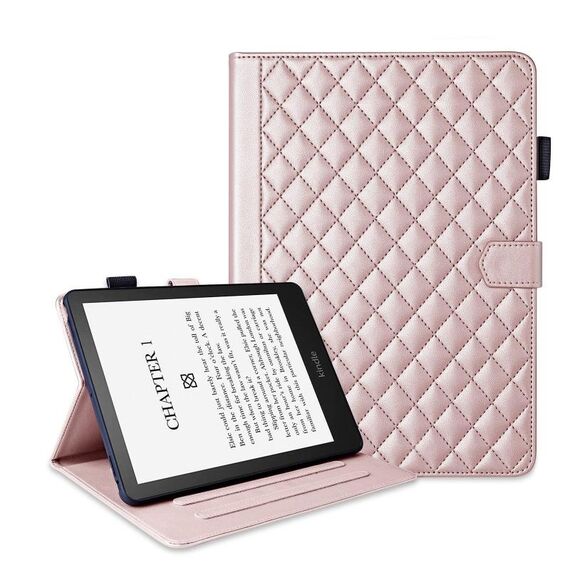 Per Amazon Kindle Paperwhite 12a generazione 2024 Custodia per tablet in pelle con motivo a reticolo di rombi (oro rosa)