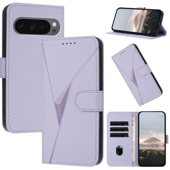 Per Google Pixel 10 / Pixel 10 Pro Custodia per telefono in pelle con fibbia a motivo triangolare (viola chiaro)