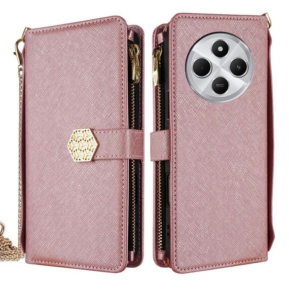 Per Redmi 14C 4G Custodia a tracolla in pelle con texture a croce (oro rosa)